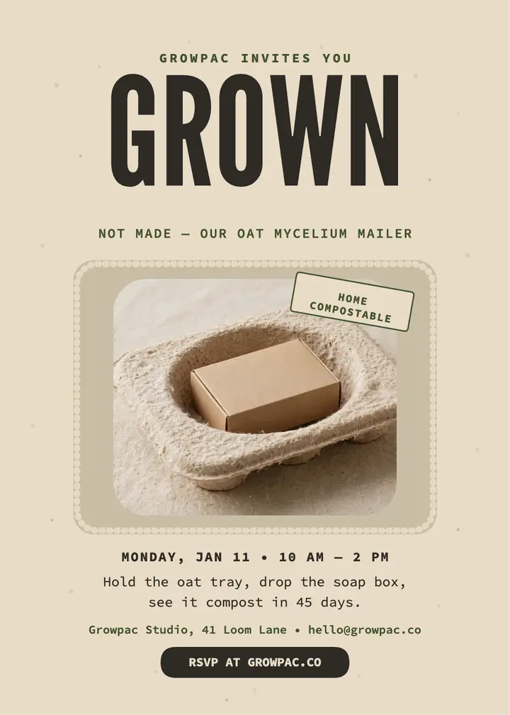 Growpac mycelium mailer launch invitation template