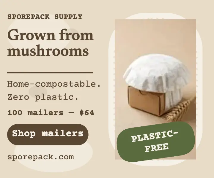 Sporepack mushroom mailer launch ad: compostable mailer ad template