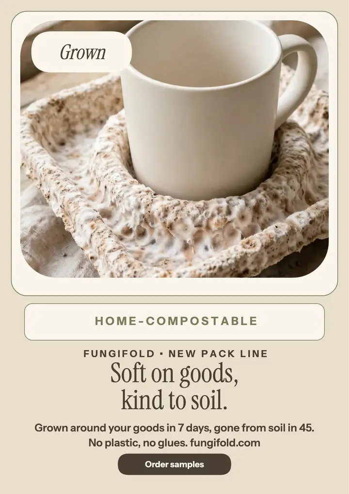 FungiFold mycelium packaging launch flyer: mycelium packaging flyer template