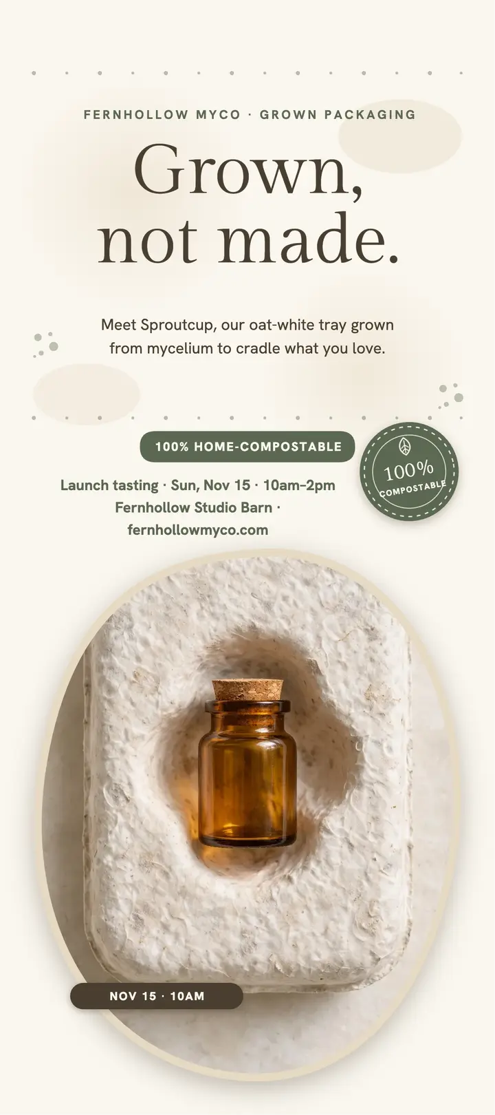 Sproutcup mycelium tray launch rack card: compostable packaging launch flyer template