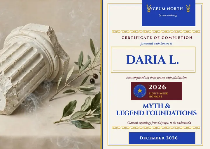 Myth course completion certificate, Lyceum North template