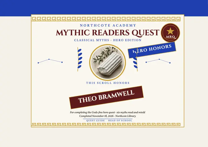 Mythic Readers Quest hero certificate template