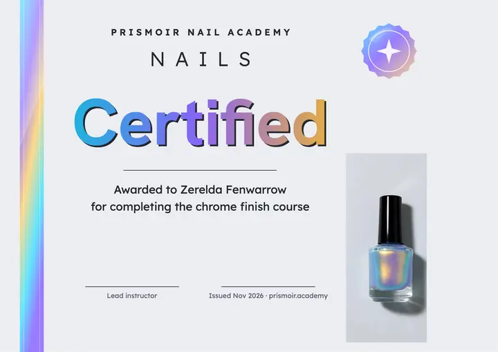 Prismoir Nail Academy chrome finish certificate template