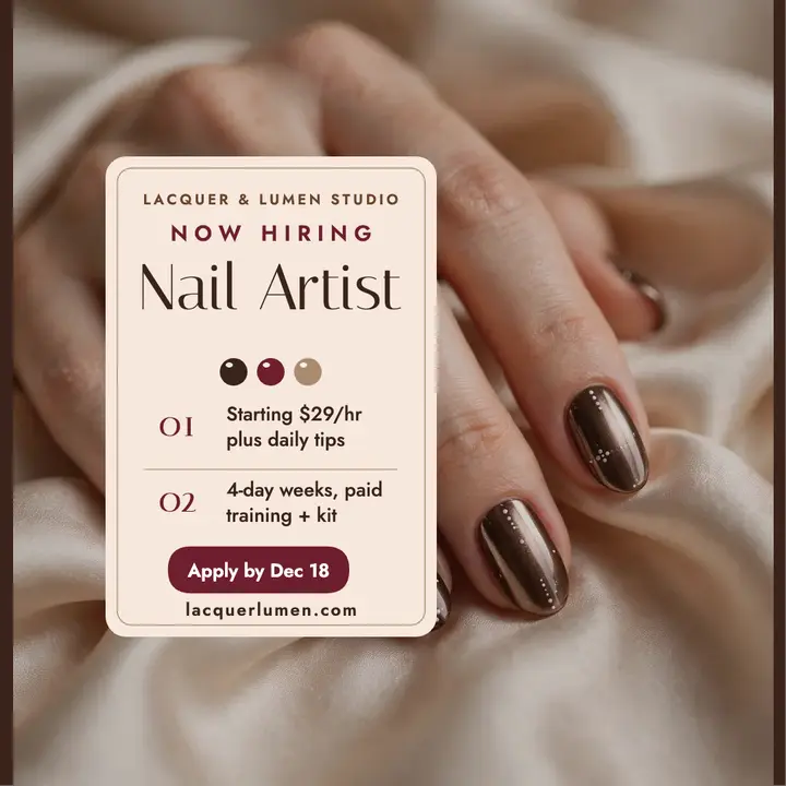 Lacquer and Lumen nail artist hiring post: nail salon hiring post template