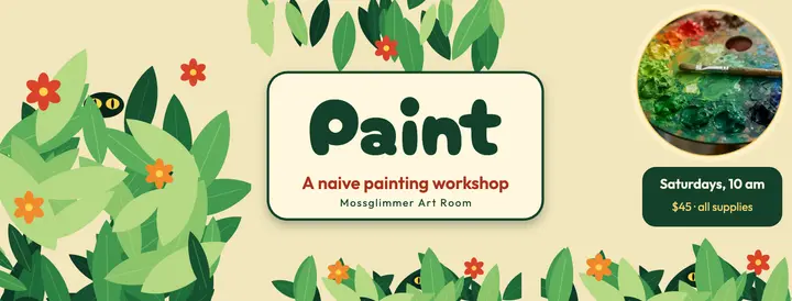 Mossglimmer naive painting workshop cover: painting workshop cover template