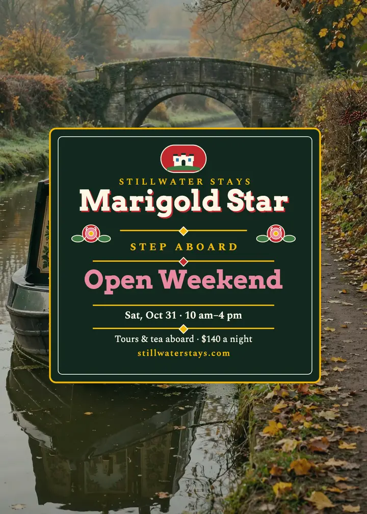 Marigold Star narrowboat open weekend: canal boat open weekend invitation template