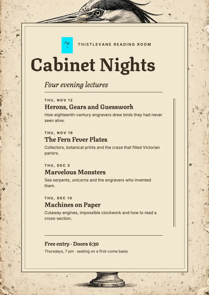 Cabinet Nights lecture series flyer, engraving collage template