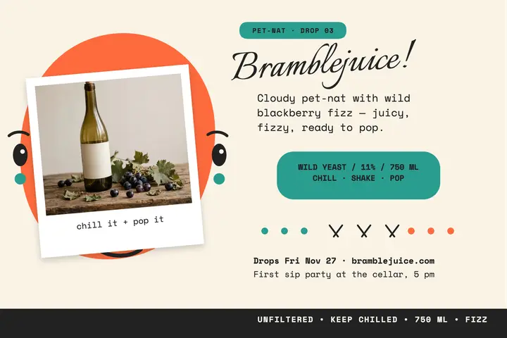 Bramblejuice Pet-Nat wine drop postcard: wine drop postcard template