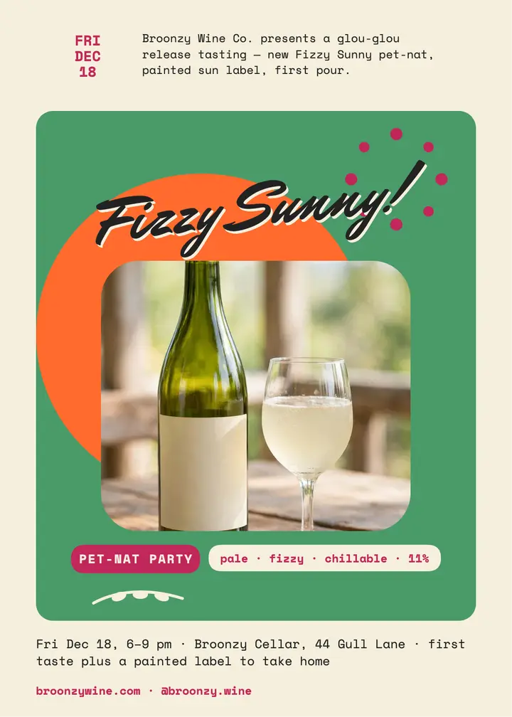 Broonzy Fizzy Sunny pet-nat party: wine release invitation template