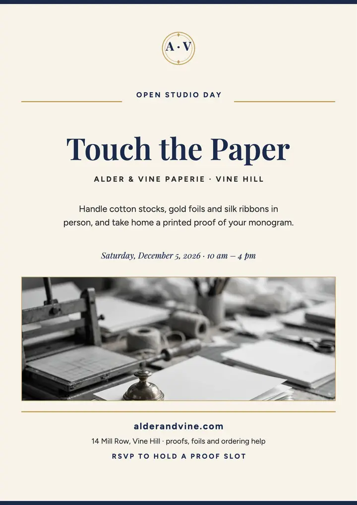 Alder and Vine invitation open day flyer template