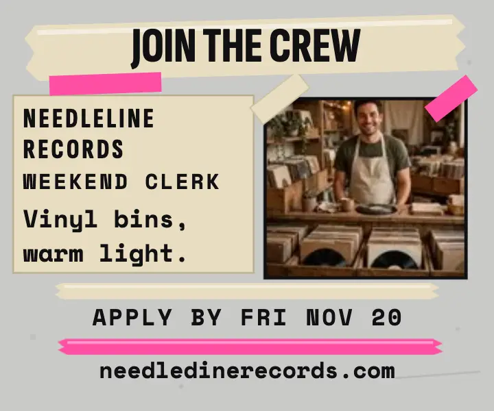 Needleline Records weekend clerk hire ad template
