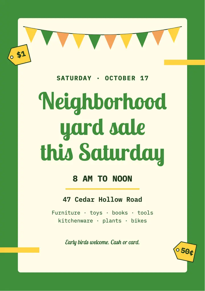 Green and yellow neighborhood yard sale flyer template