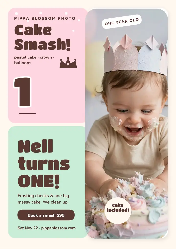 Nell first birthday cake smash flyer template