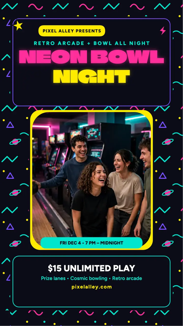 Pixel Alley neon bowl night story template