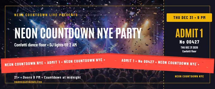 Neon Countdown NYE party ticket: new year ticket template