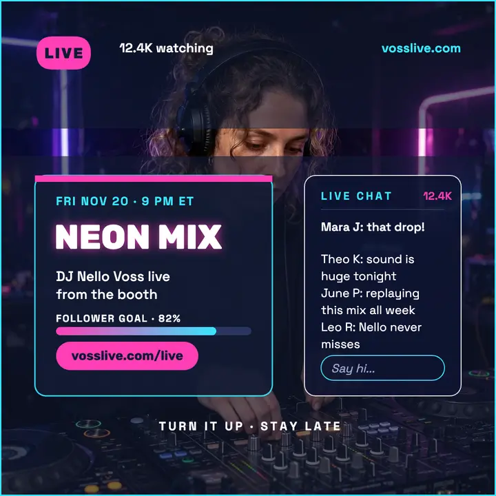 Nello Voss neon livestream set post template