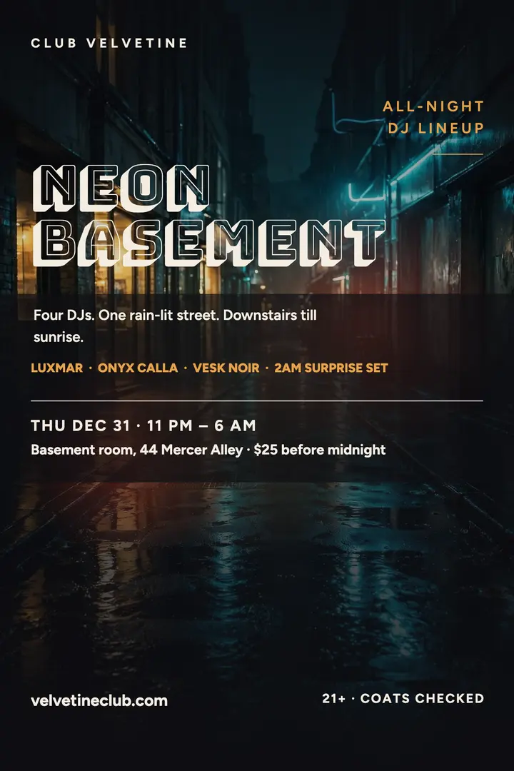 Velvetine all-night neon DJ poster template