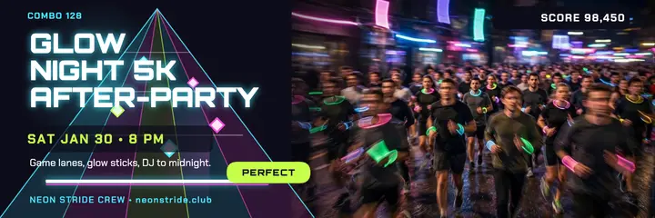Neon Stride glow run after-party header template