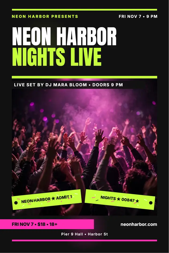 Neon Harbor Nights gig poster with wristband template