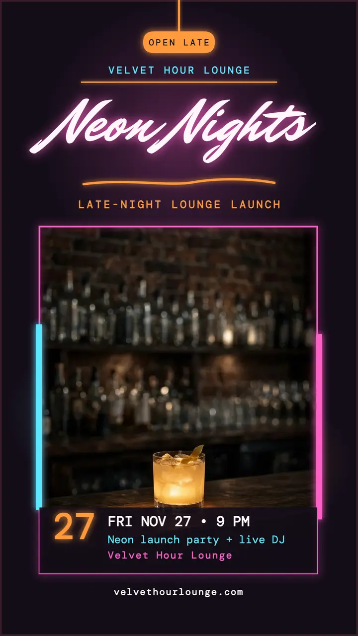 Velvet Hour neon launch night story: neon lounge party story template
