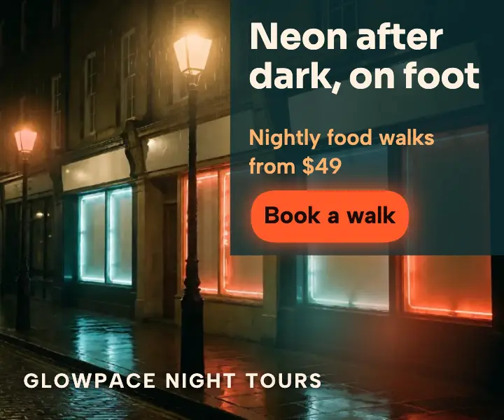 Neon night food walks halation ad: night food tour ad template