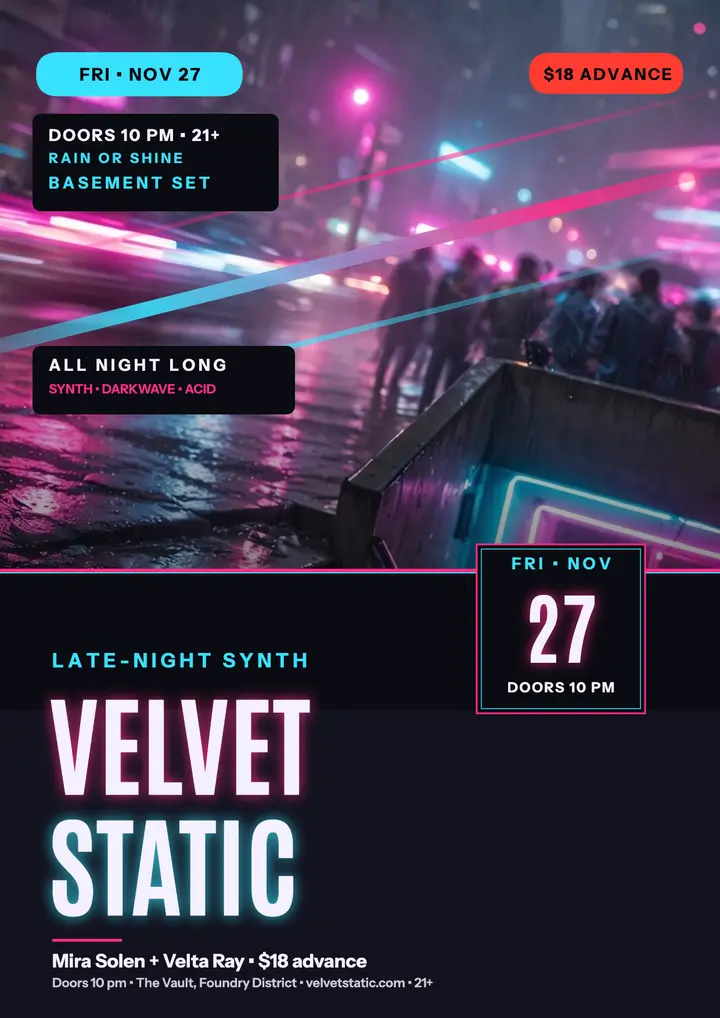 Velvet Static synth night neon flyer template