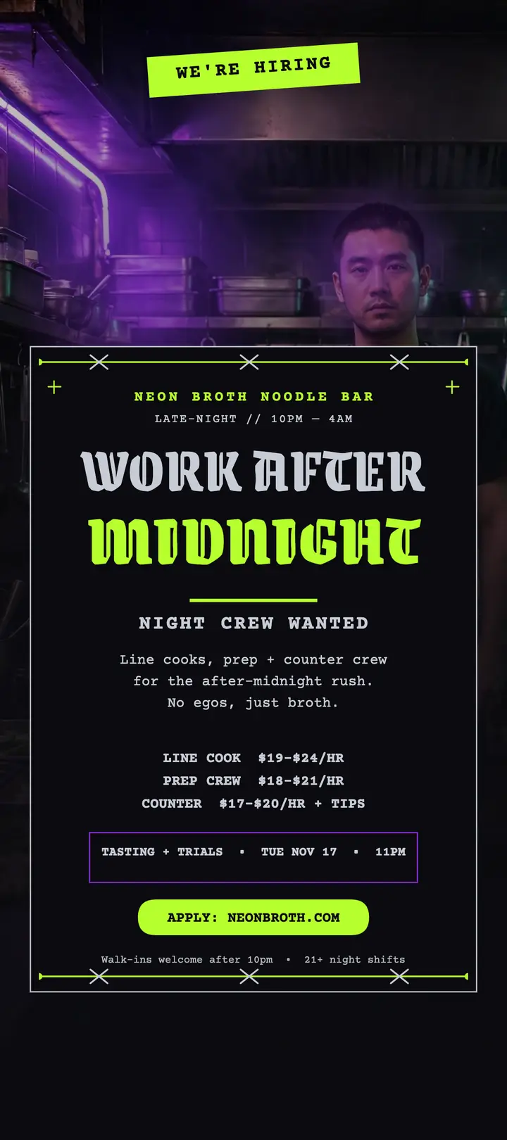 Neon Broth night crew hiring card template