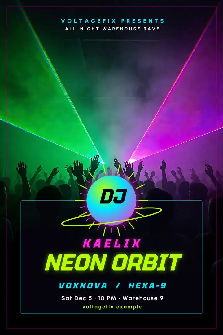 Neon Orbit warehouse rave poster, 90s flyer template