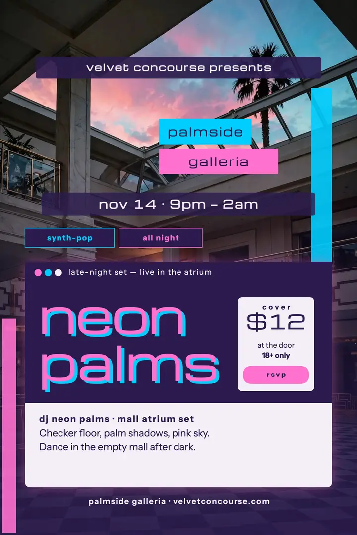 Neon Palms mall atrium DJ night poster template
