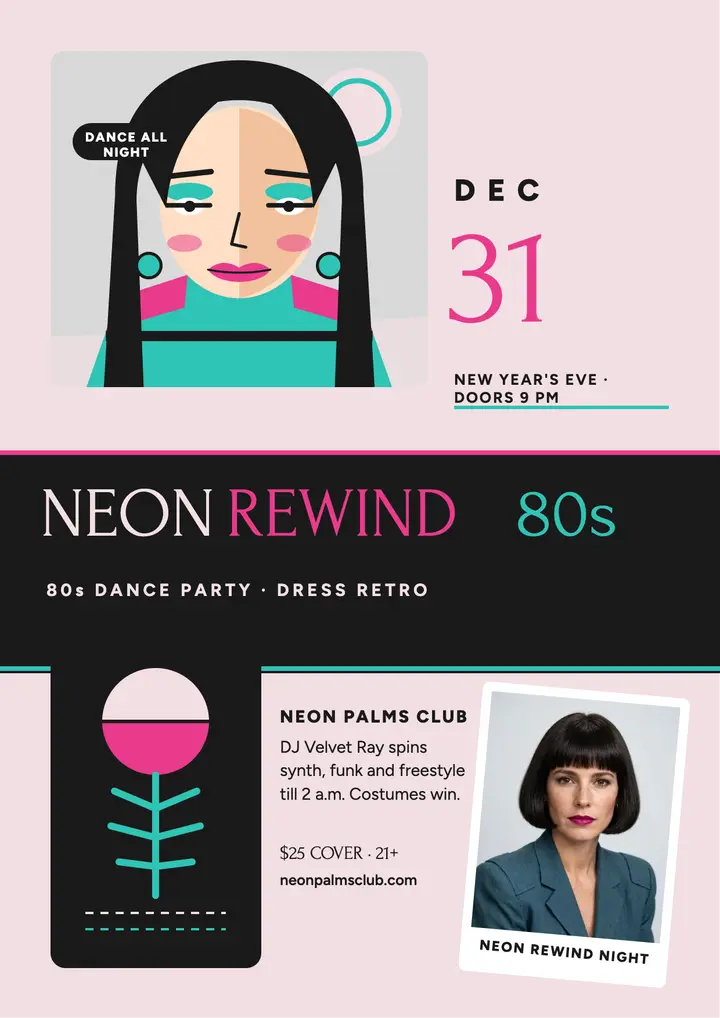 Neon Rewind 80s New Year flyer template