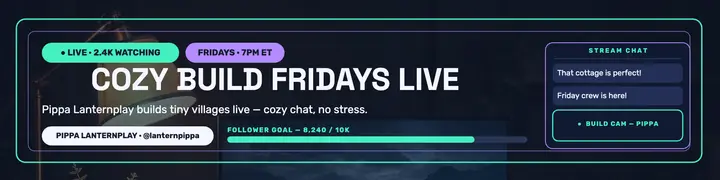 Pippa Lanternplay cozy build stream banner template