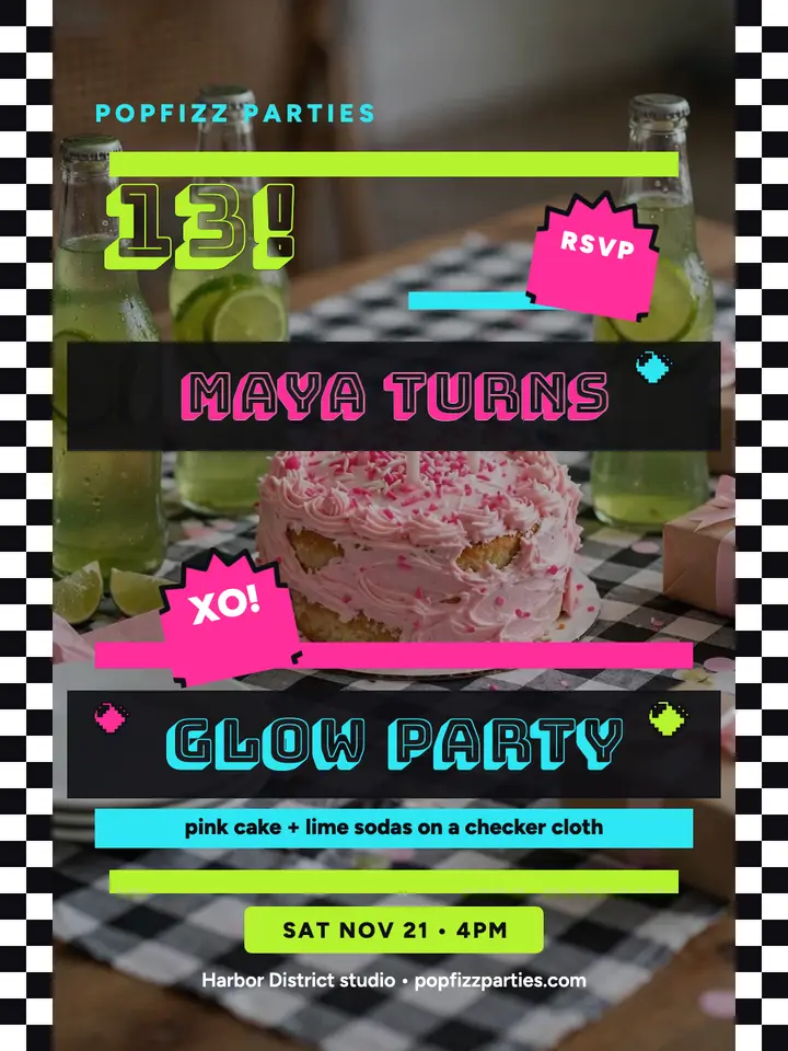Maya turns 13 neon scene birthday portrait template