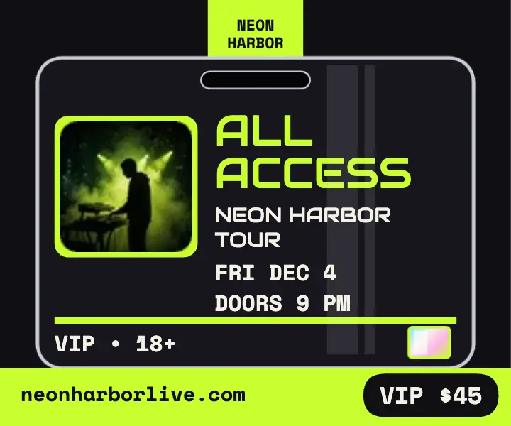 Neon Harbor synth night VIP laminate ad template