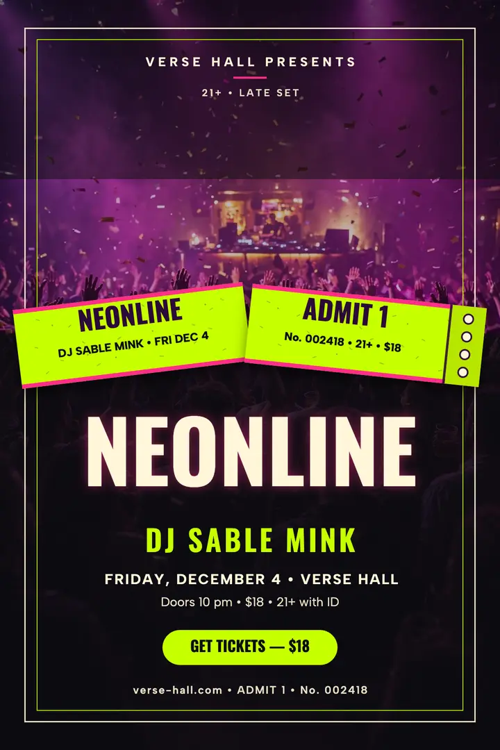 Neonline DJ night poster with wristband template