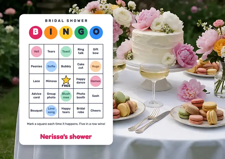 Nerissa's bridal shower bingo card over a brunch table template
