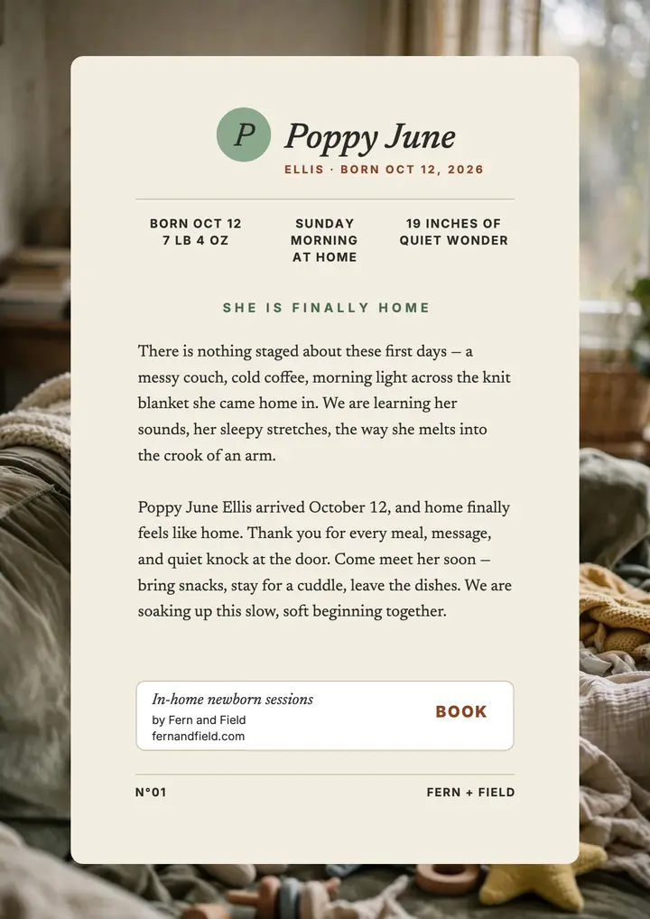 Poppy June home announcement flyer: new baby announcement flyer template