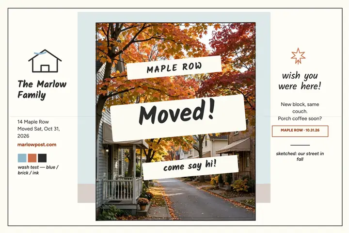 Marlow family moved to Maple Row postcard template