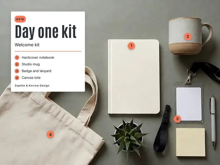 Day one kit new hire welcome slide, knolling flat-lay template