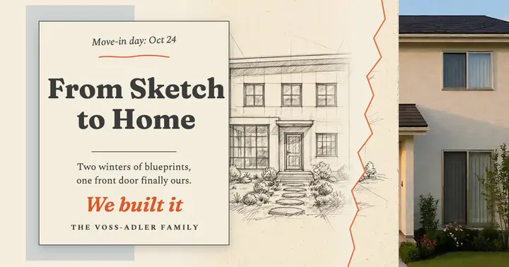 We built it new home announcement, sketch to photo template