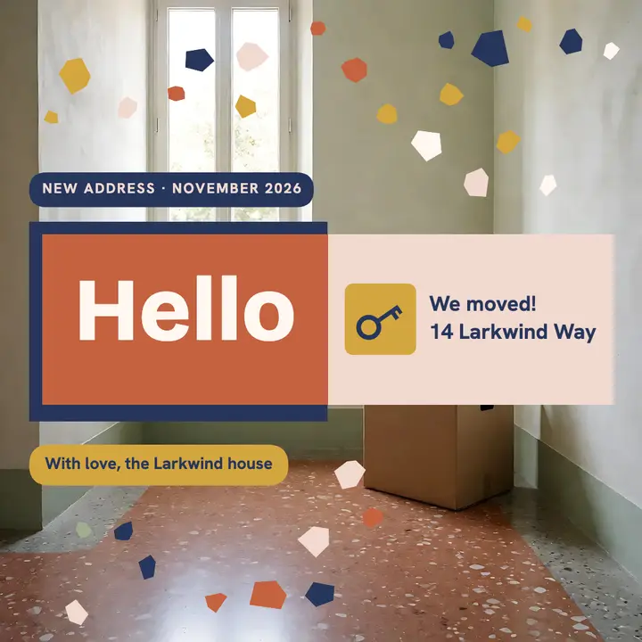 New home moving announcement, terrazzo chips: we moved announcement template