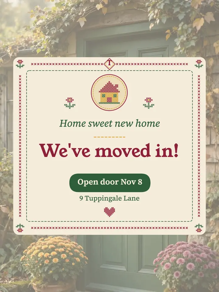 We've moved in cross-stitch moving announcement template