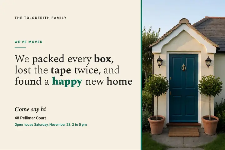 New home moving announcement postcard, variable serif template