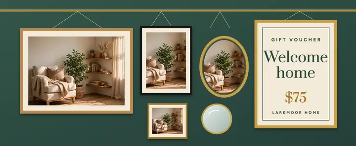 New home gift voucher on a gallery wall: housewarming gift voucher template
