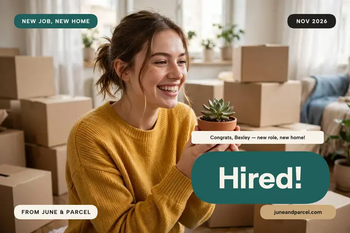 Hired new job corner type postcard template