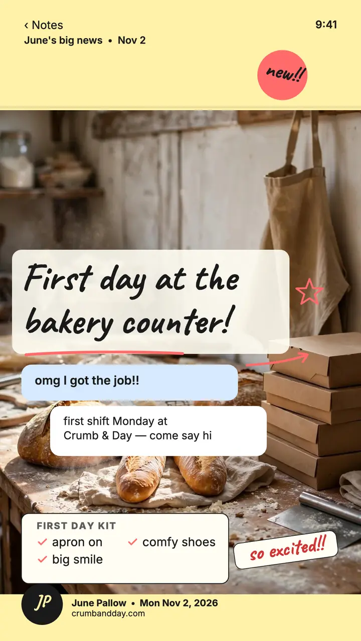 June Pallow new bakery job notes story template