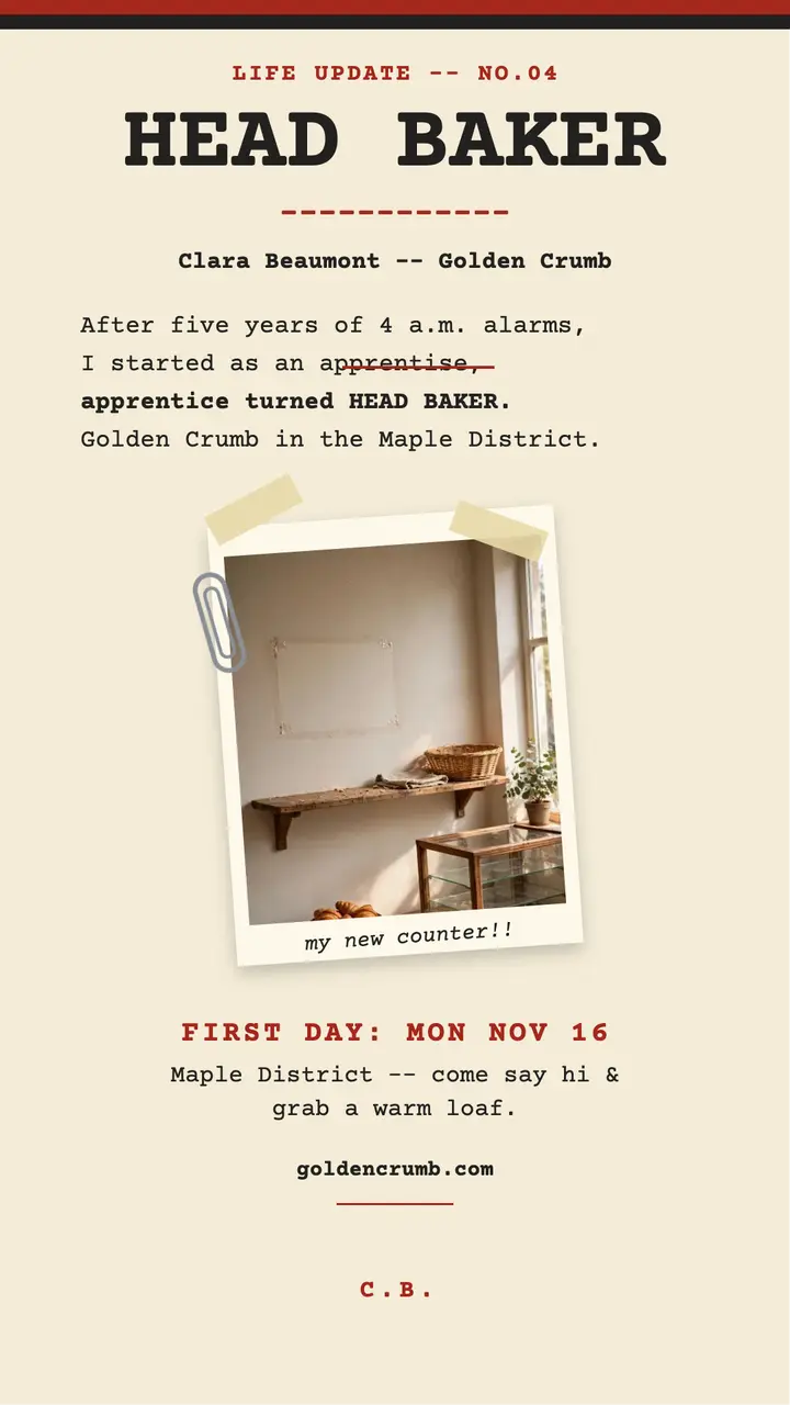 Clara new job typed story, bakery template