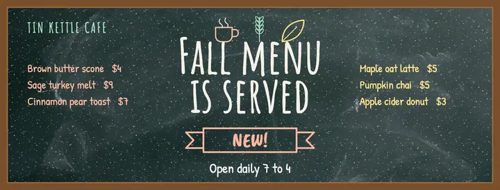 Tin Kettle cafe new fall menu chalkboard cover template