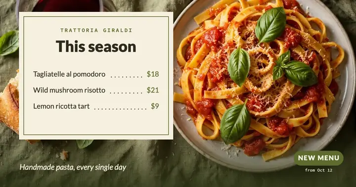 Olive and cream trattoria new menu post template