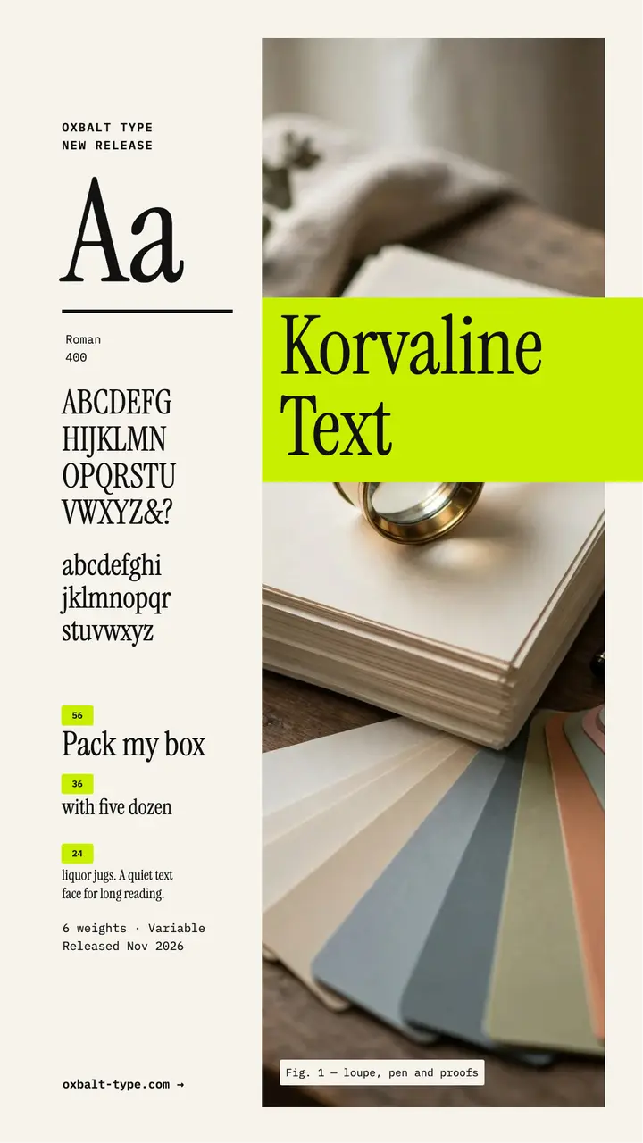 Korvaline Text serif release specimen story template