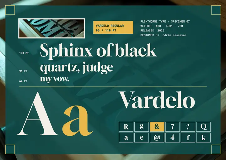 Vardelo typeface release specimen poster template